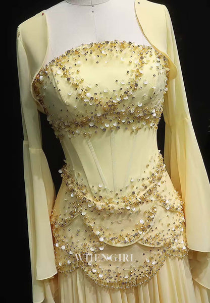 Daffodil Beaded A-line Formal Dress Bell Sleeves Sequins Lace Up Chiffon Column Evening Dress