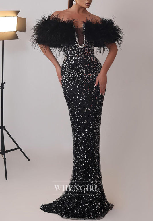 Off Shoulder Black Feather Rhinestone Beaded Sheath Long Formal Evening Dress