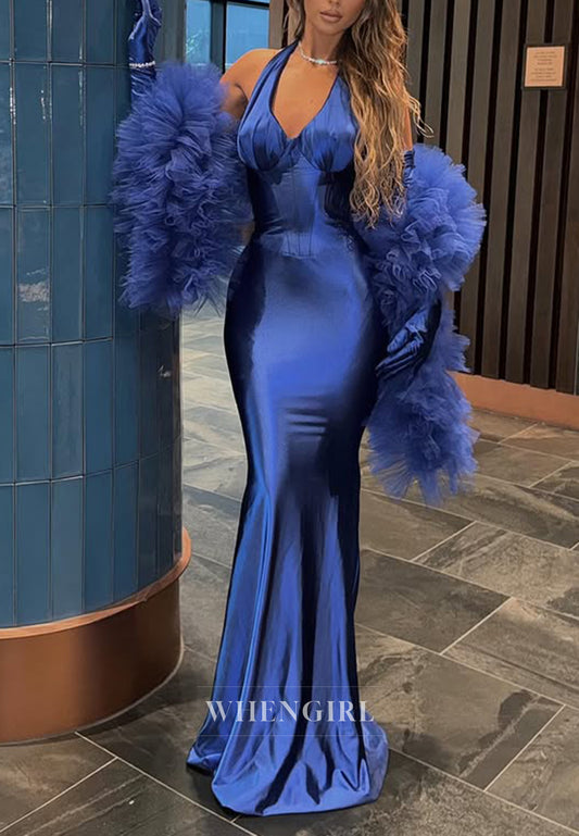 Royal Blue Halter Sheath Formal Dress Floor Length Evening Gown with Gloves Cape