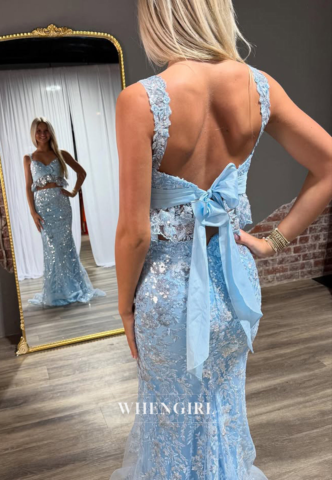 Striking Sweetheart Straps Sparkly Appliques Lace Two Piece Party Prom Dress with Floral