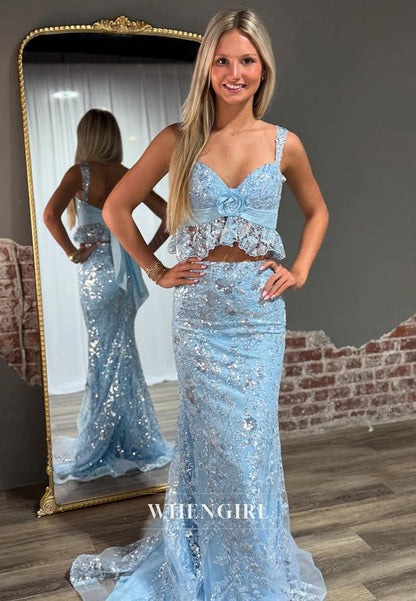 Striking Sweetheart Straps Sparkly Appliques Lace Two Piece Party Prom Dress with Floral