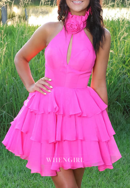 Petite Halter Cut Out Sleevless Multi Tiered Ruffles A-Line Homecoming Dress