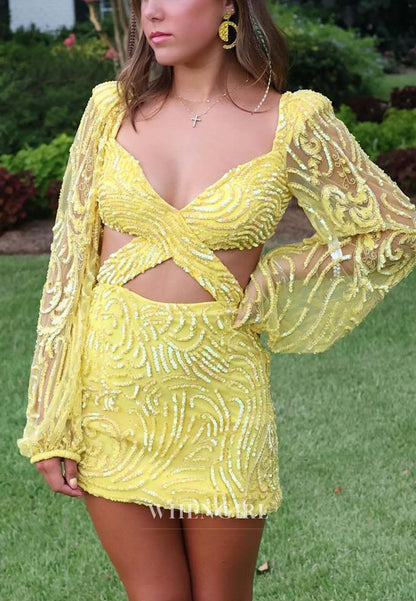 V Neck Long Sleeves Cut Out Beaded Short Sheath Homecoming Dress