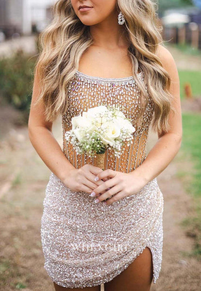 Sleeveless Strapless Side Slit Beaded Pleated Sheath Homecoming Dress