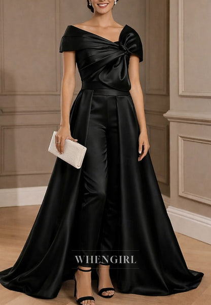 Jumpsuit V Neck Cap Sleves Ruched Formal Dress