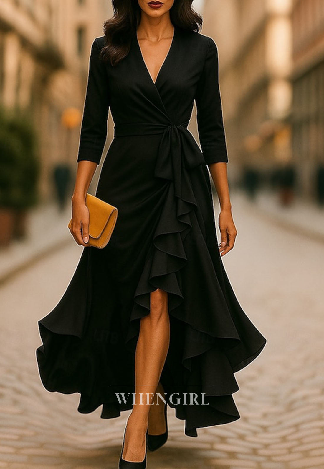 Trumpet V Neck 3/4 Sleeves Ruffle Mother of the Bride Dress