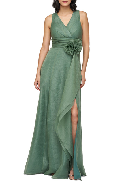 Green V Neck Sleeveless Flower Fuffles Mother of the Bride Gown