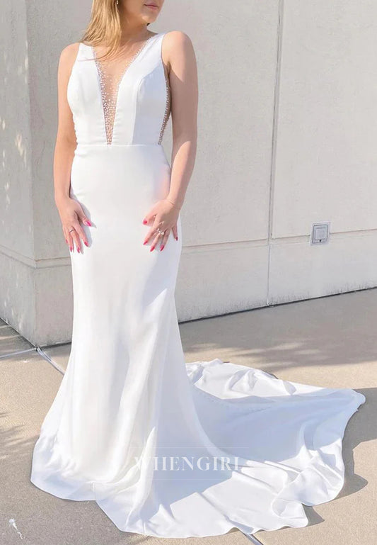 Mermaid V Neck Sleeveless Beaded Sweep Train Wedding Dress