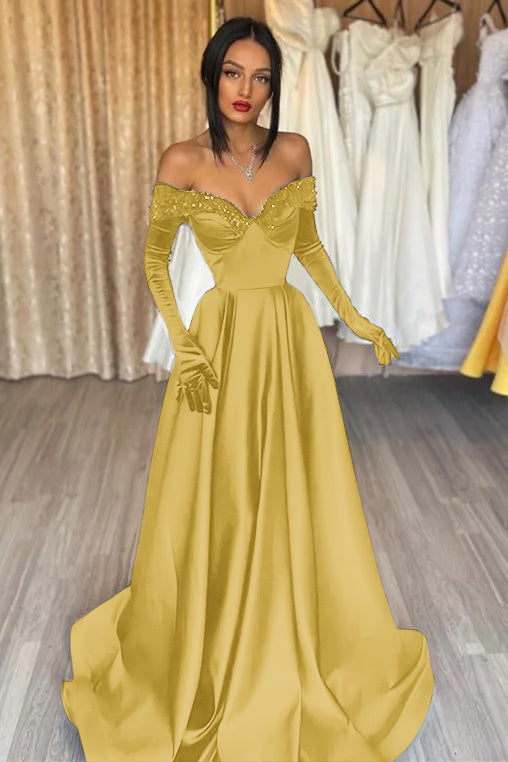 Glamorous Black Off the Shoulder Long Sleeves A Line Evening Dress with Appliques