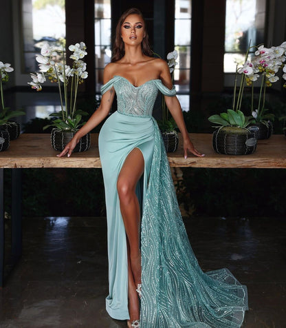 Light Blue Off the Shoulder Mermaid Evening Dress Long Split With Sequins