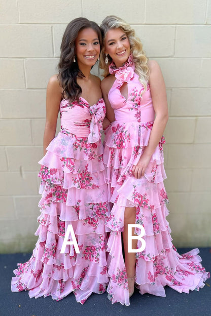 Fairy A Line Pink Chiffon Floral Print Satin Prom Dress with Slit