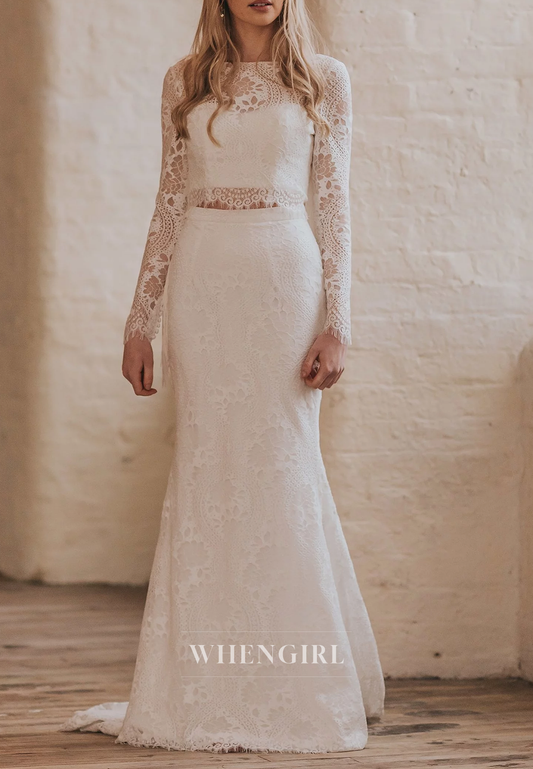 Mermaid Lace Long Sleeves Bateau Neck Two Pieces Sweep Train Wedding Dress