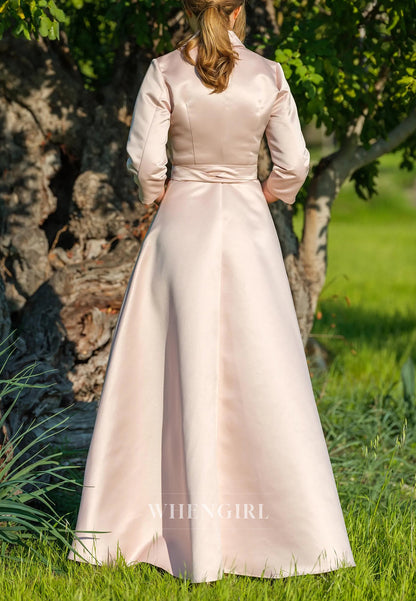 Champagne A-Line V Neck 3/4 Sleeves Satin Mother og the Bride Dress