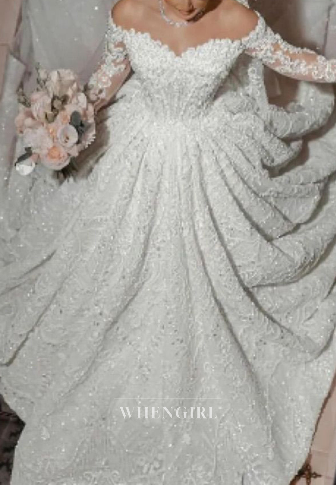 Luxury Off Shoulder Long Sleeves Beade Ball Gown Wedding Dress with Cathedral Train