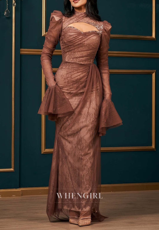 Sheath Long Bell Sleeves High Neck Evening Dress Pleated Beading Long Formal Gown