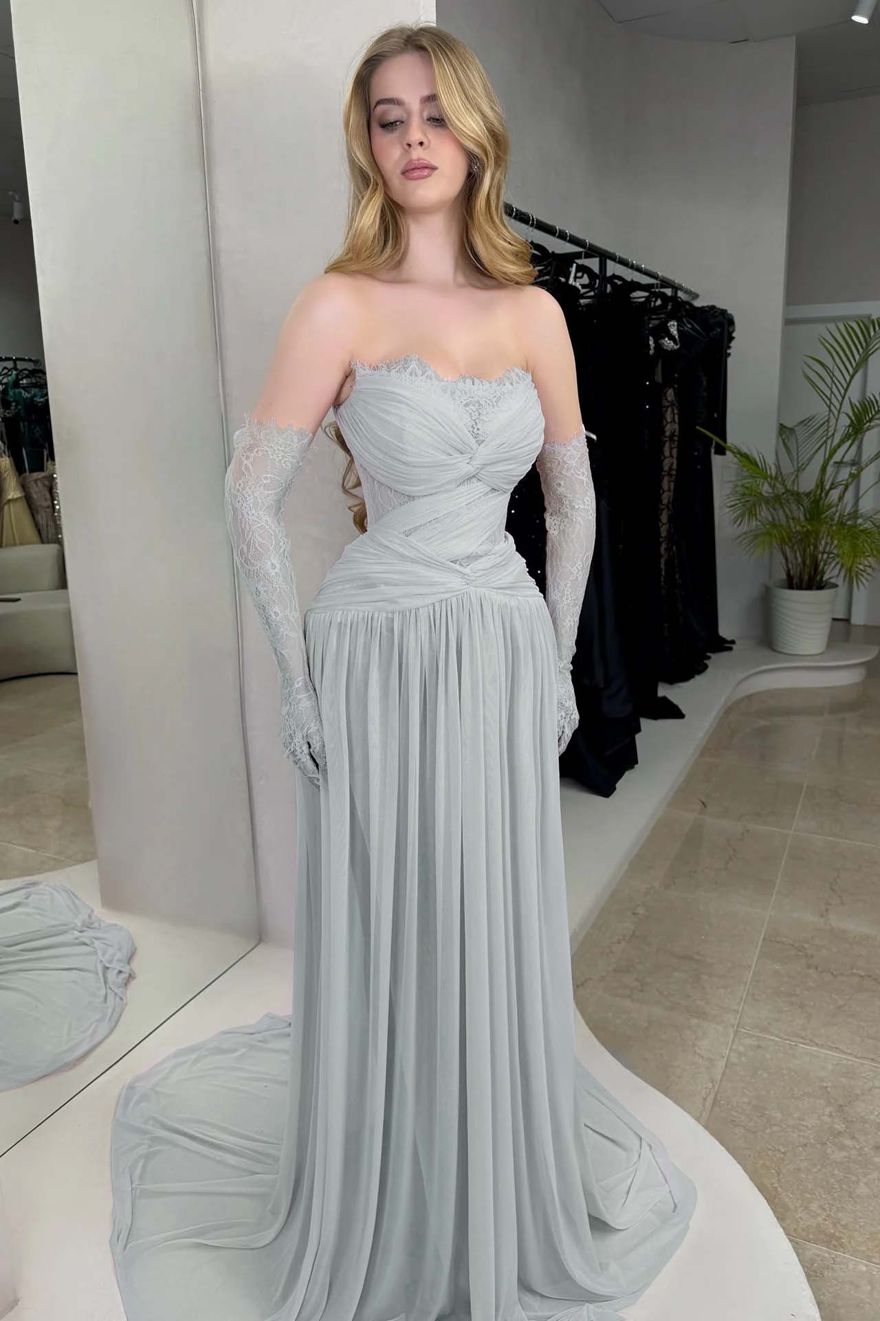 Column Strapless Fitted Prom Dress in Chiffon Pleated with Lace