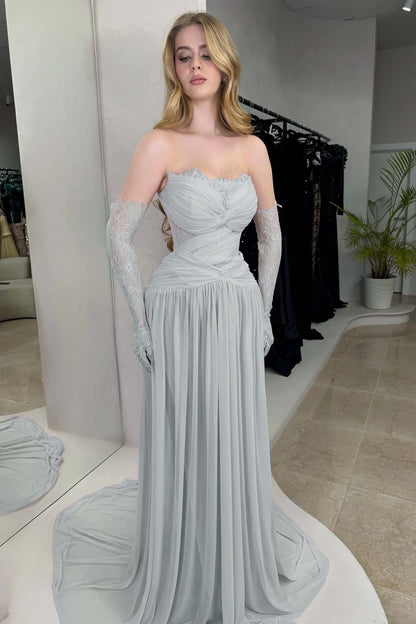 Column Strapless Fitted Prom Dress in Chiffon Pleated with Lace