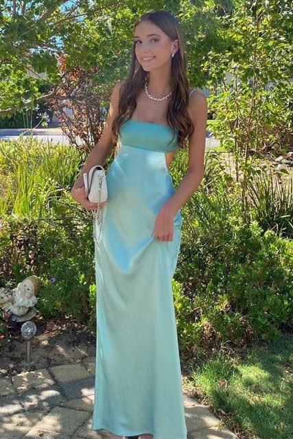 Chic Spaghetti Straps Sleeveless Satin Long Party Prom Dress
