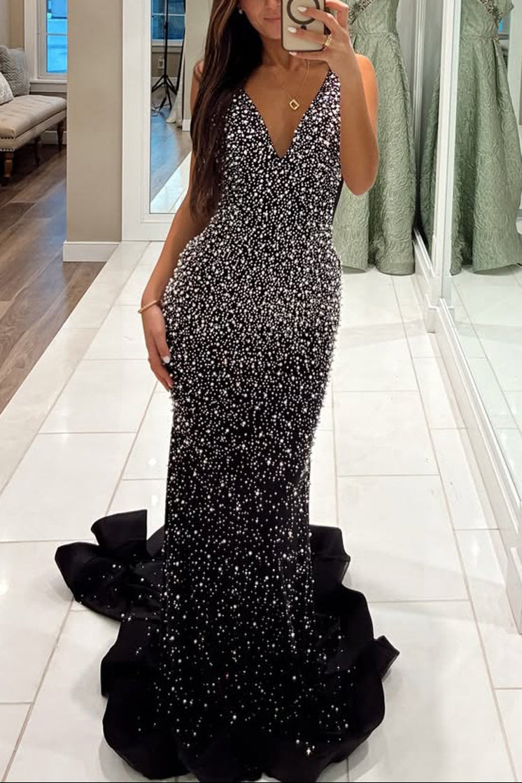 Gorgeous Mermaid V Neck Black Prom Dress with Beading