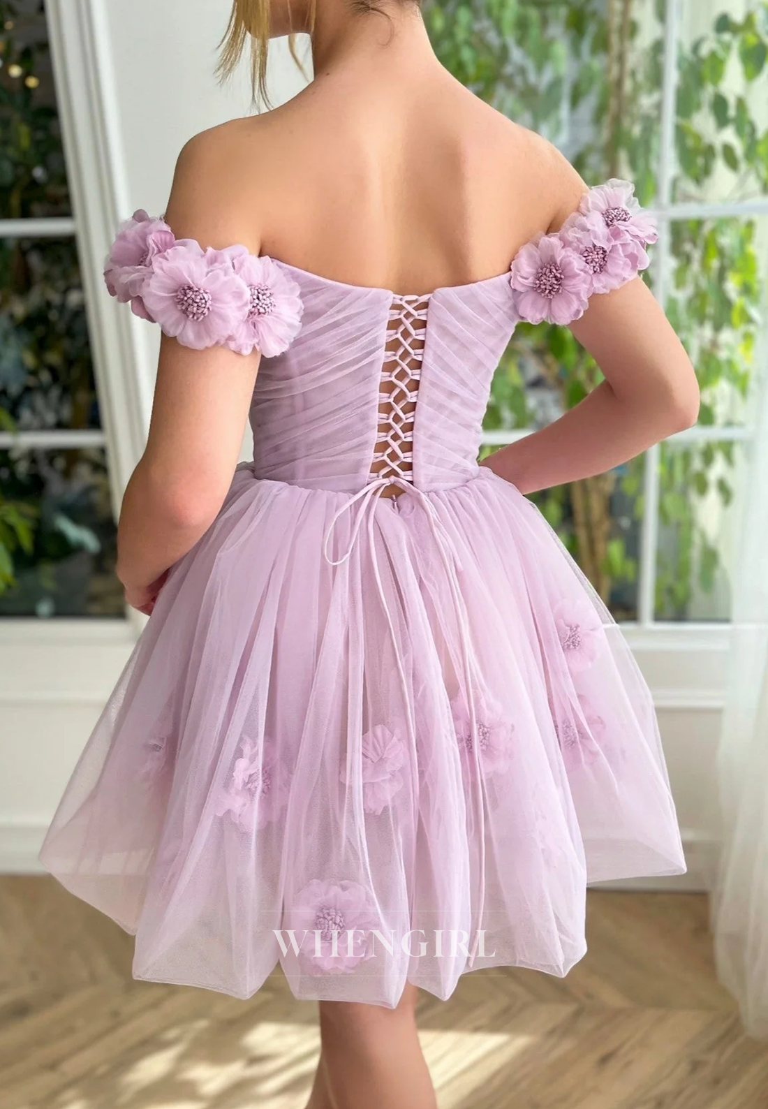 A-Line Off Shoulder Floral Straps Lace Up Short Homecoming Dress