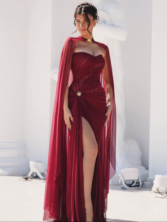 Split Burgundy Charming Straight Across Pleated Prom Dress With Scarf