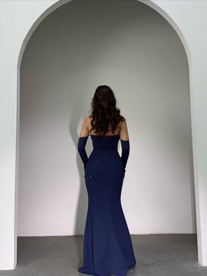 Pleated Elegant Straight Across Dark Navy Mermaid Prom Dress With Gloves