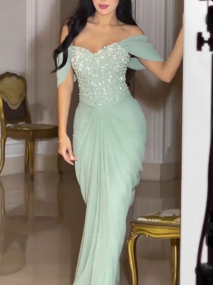 Classic Sequin-Embellished Chiffon Sheath Strapless Evening Gown