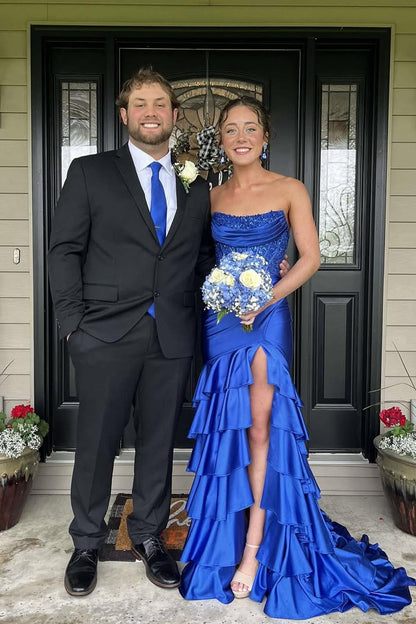 Cute Mermaid Scoop Neck Royal Blue Prom Dress with Slit