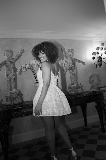 Ball Gown Strapless Beaded Short Wedding Dress wirh Long Sleeves