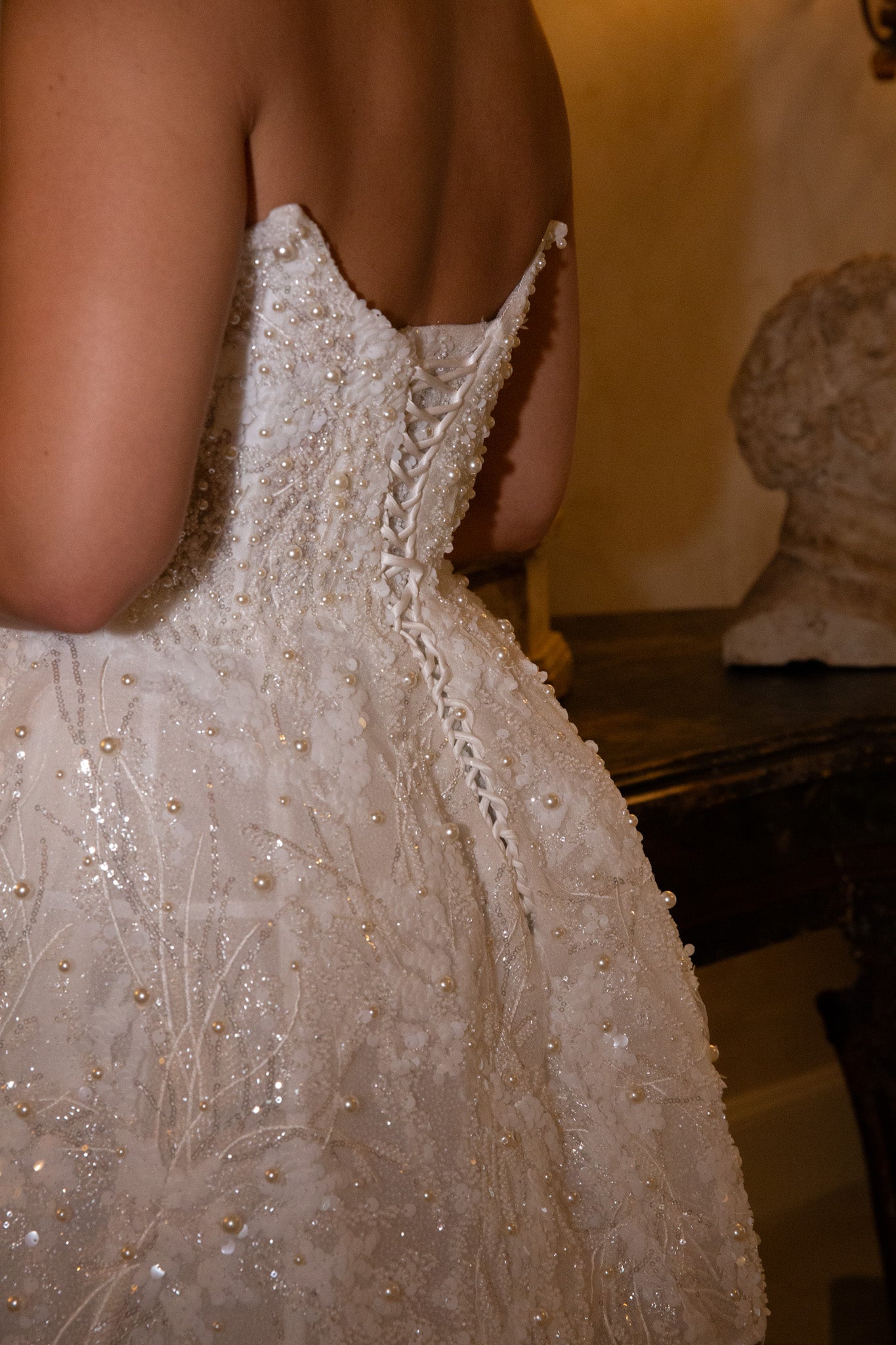 Ball Gown Strapless Beaded Short Wedding Dress wirh Long Sleeves