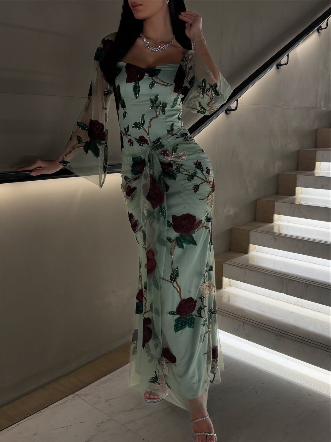 Mint Green Gown with Rose Embroidery Evening Dress