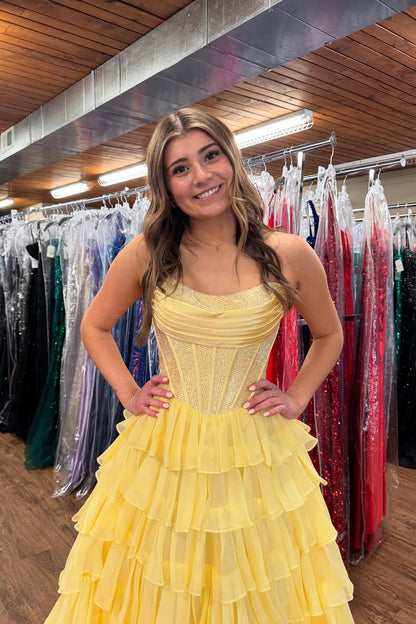 Cute A Line Scoop Neck Yellow Tiered Chiffon Prom Dress with Hot Stone Beading