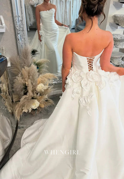 Mermaid Tube Top Sleeveless Floral Strapless Lace Up Court Train Wedding Dress