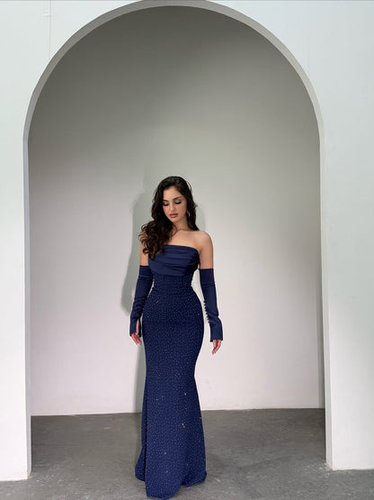 Pleated Elegant Straight Across Dark Navy Mermaid Prom Dress With Gloves
