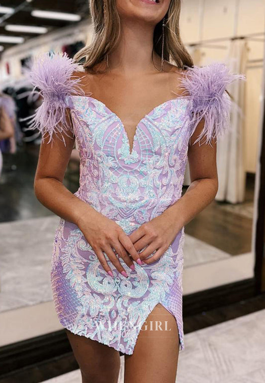 V Neck Beaded Sleveless Feather Side Slit Lace Up Short Sheath Homecoming Dress