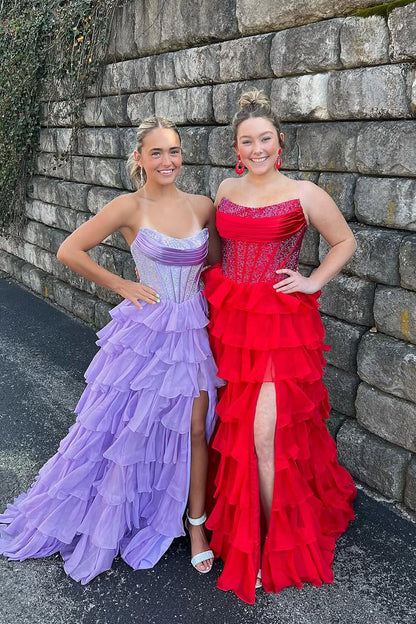 Ball Gown Strapless Royal Blue Ruffle Tiered Long Prom Dresses with Beadings