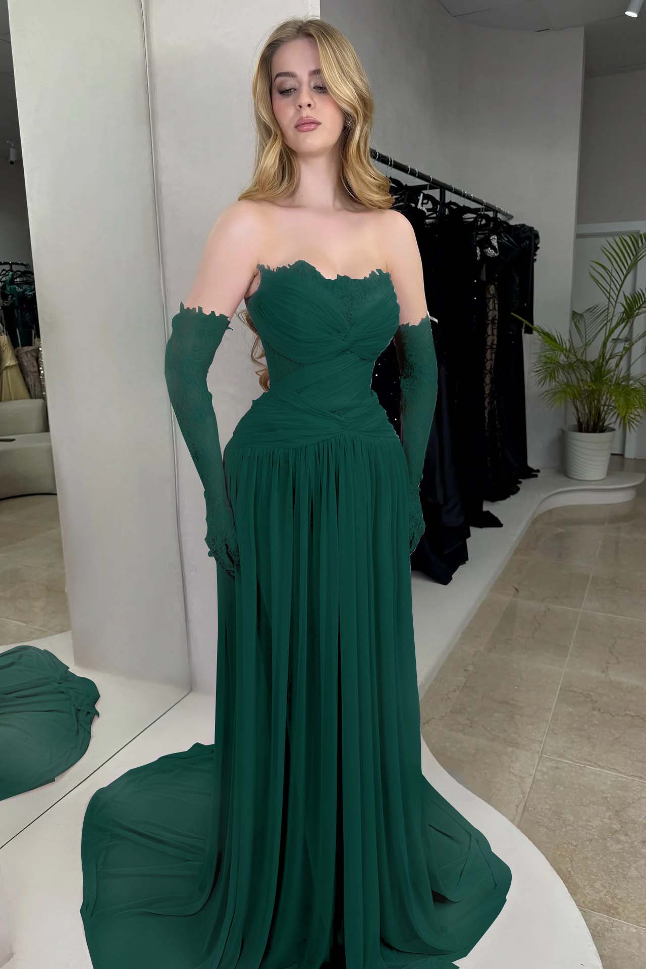 Column Strapless Fitted Prom Dress in Chiffon Pleated with Lace