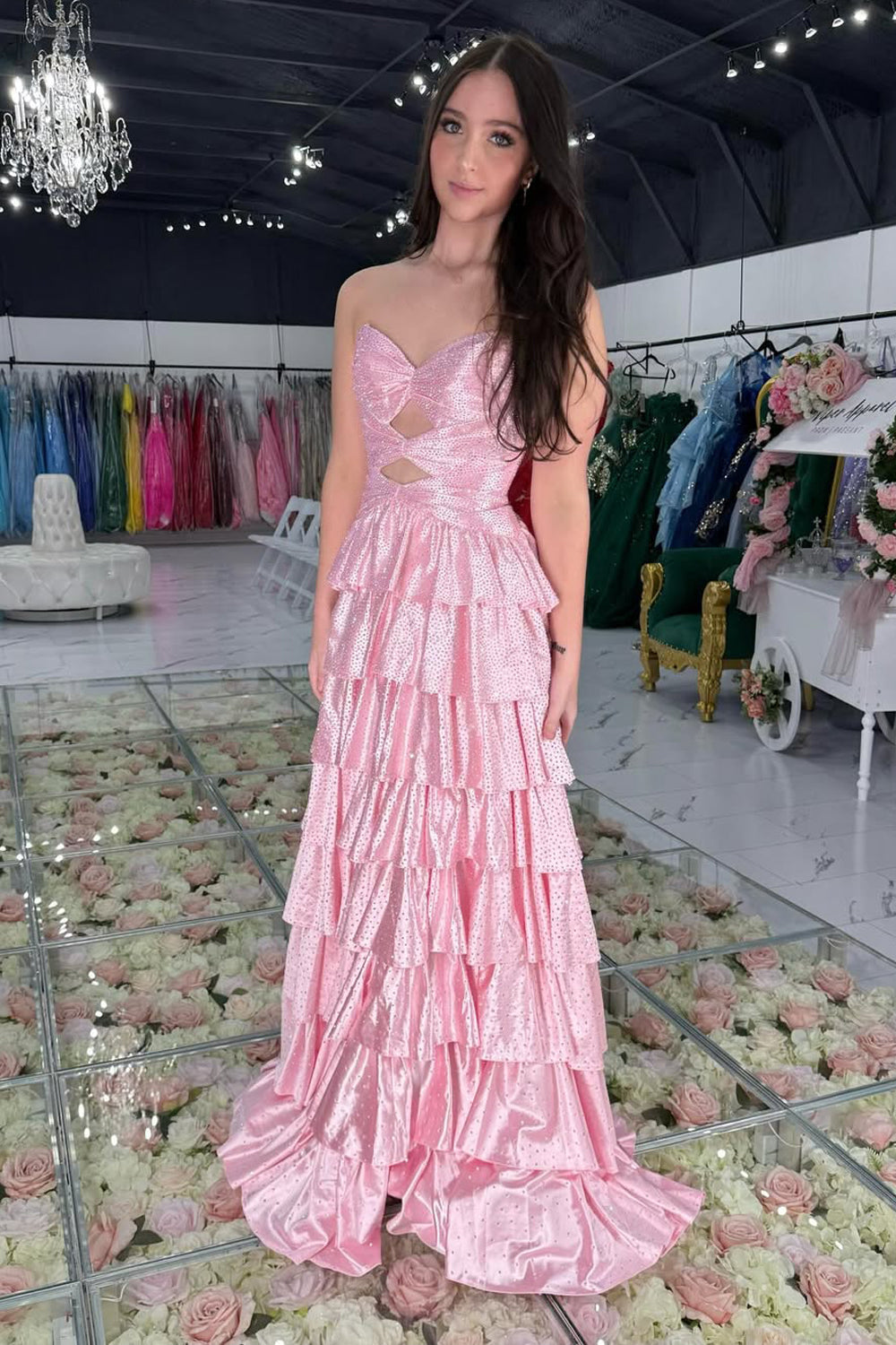 A Line Sweetheart Pink Hot Fix Satin Tiered Prom Dress