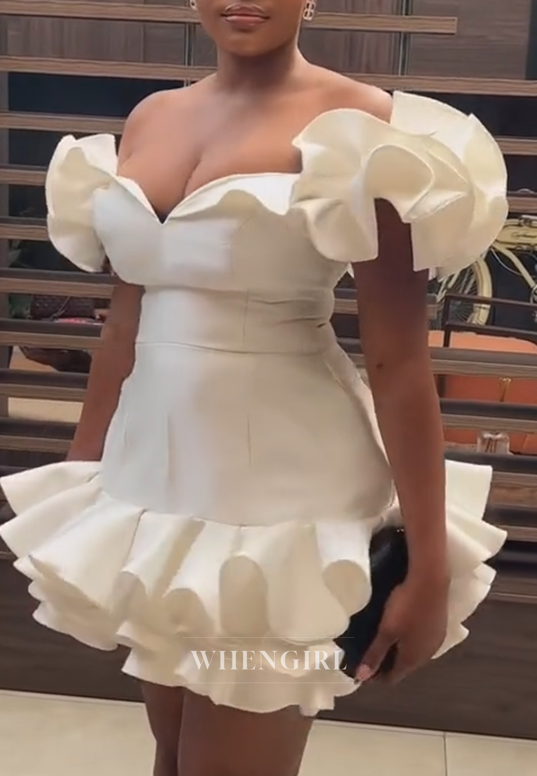 V Neck Off Shoulder Ruffles Sheath Sleeveless Homecoming Dress