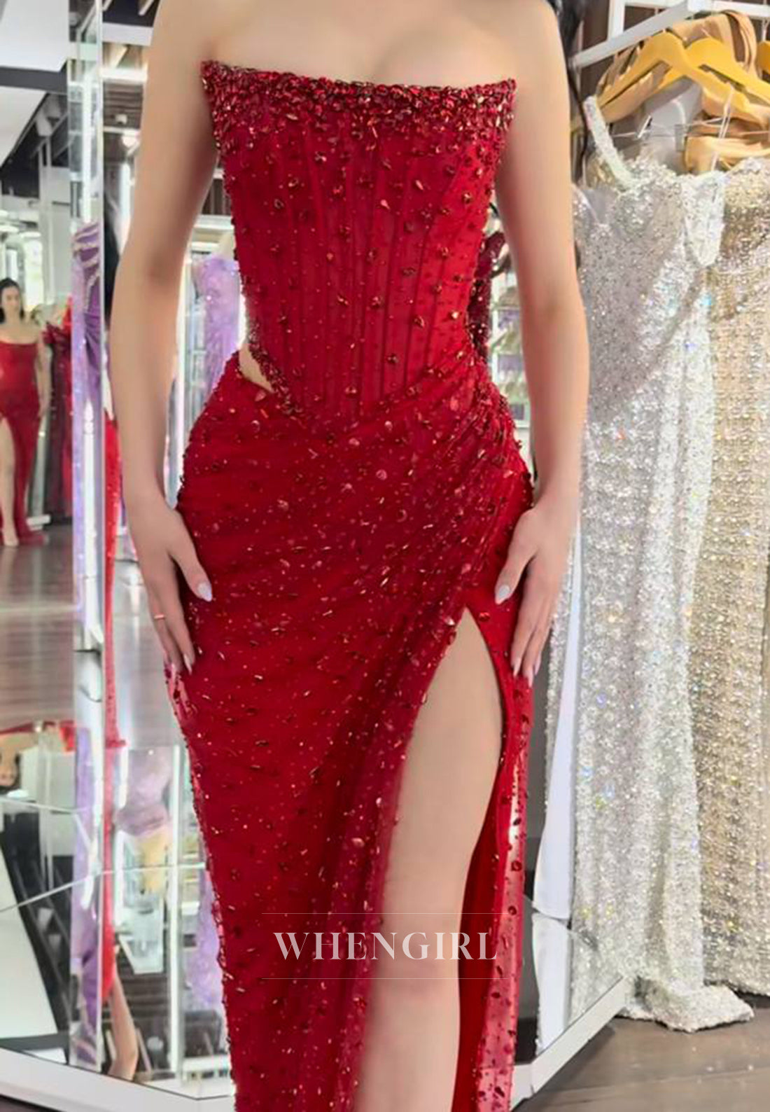 Sheath Full Beaded Strapless Sleeveless Pleated Side Slit Formal Prom Dress