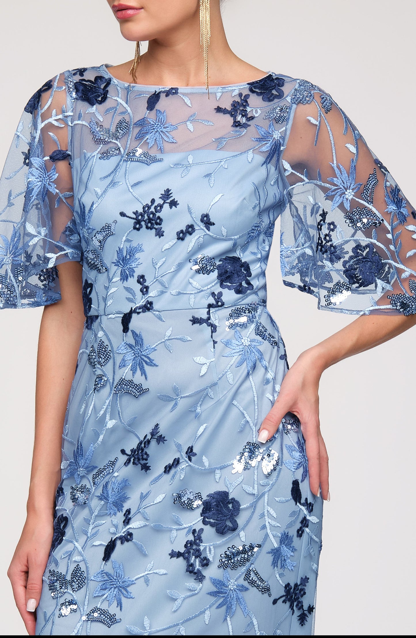 Blue Bateau Neck Short Sleeves Embroidered Sequin Column Gown