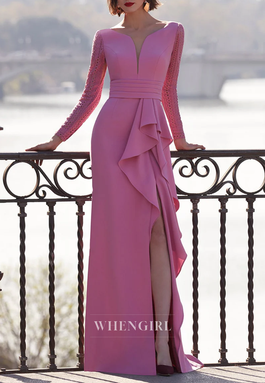 Candy Pink V Neck Long Sleeves Side Slit Ruffles Floor Length Column Mother of the Bride Dress