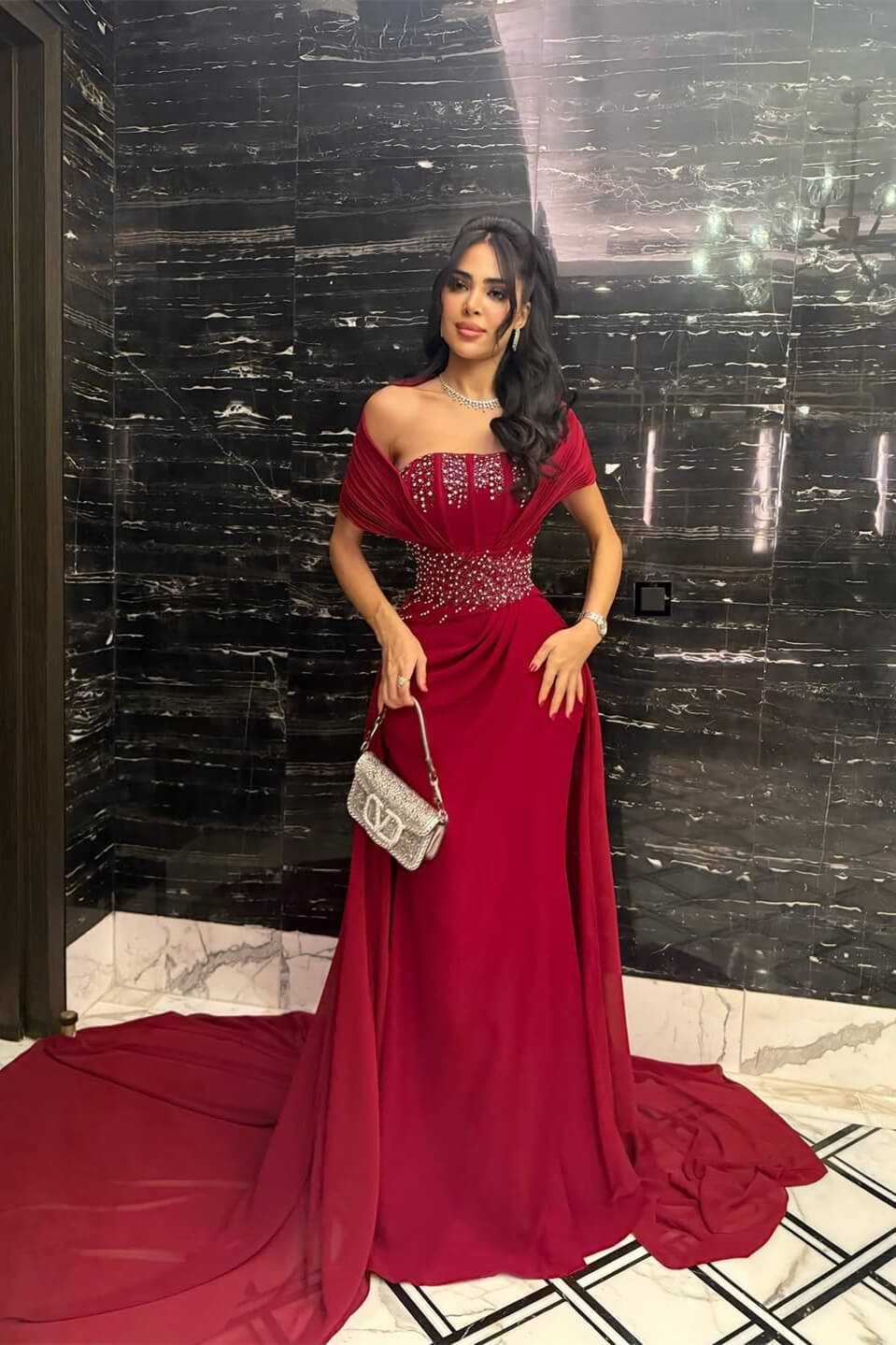 Bugurndy Off-the-Shoulder Strapless Slit Chiffon Evening Dress