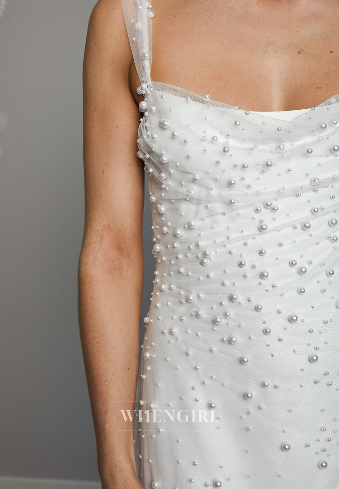 Column Square Neck Regular Straps Sleeveless Pearls Beading Wedding Dress