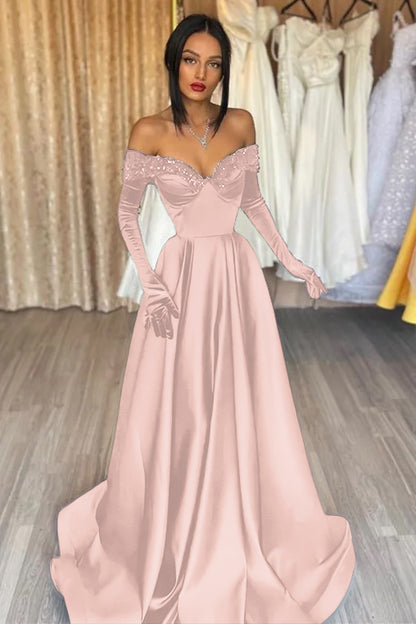 Glamorous Black Off the Shoulder Long Sleeves A Line Evening Dress with Appliques