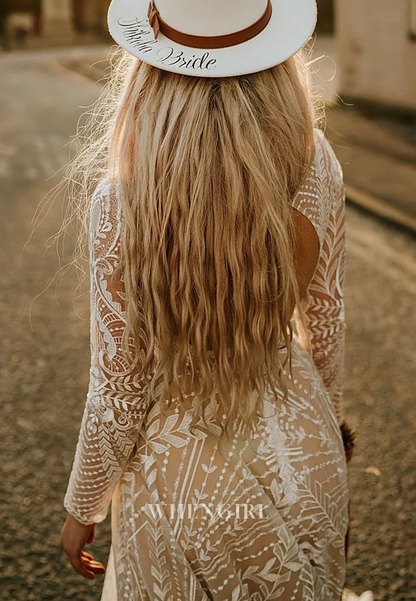 A-Line Boho Bateau Neck Long Sleeves Lace Cut Out Back Wedding Dress with Sweep Train