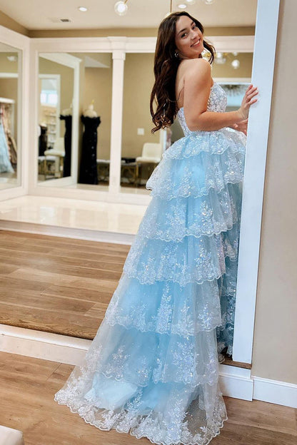 Light Blue Strapless Ruffle Sequin Lace Prom Dresses