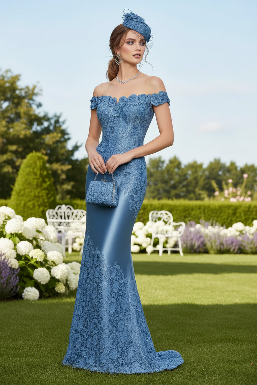 Blue Off Shoulder Satin&Lace Mermaid Sweep Train Mother of the Bride Dress