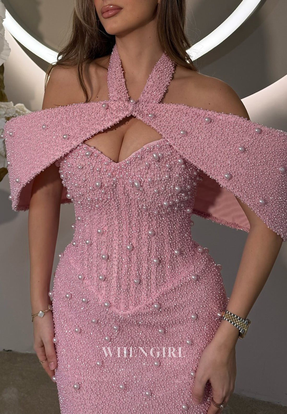 Candy Pink Asymmetrical Neck Pearls Beaded Sheath Formal Prom Dress