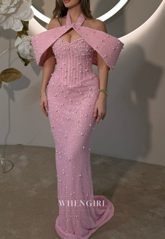 Candy Pink Asymmetrical Neck Pearls Beaded Sheath Formal Prom Dress